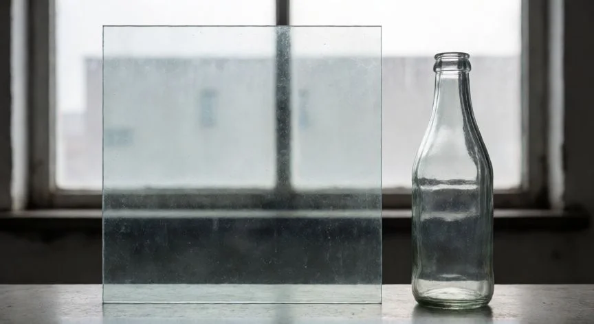 diferencia entre cristal y vidrio, Comparativa de vidrio común en ventana y botella estándar