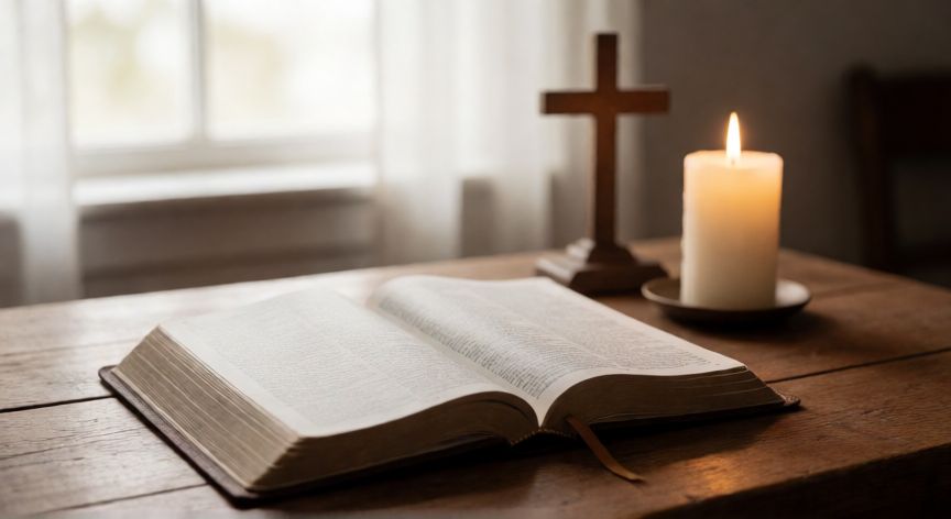 Biblia abierta junto a una cruz y una vela en una mesa de madera