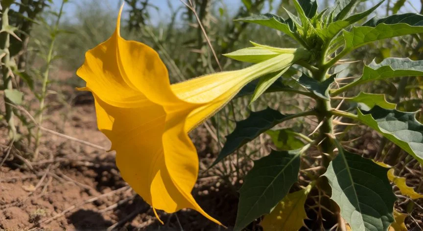 diferencia entre dama de noche y galán de noche, Flor de Galán de Noche Datura stramonium en forma de trompeta amarilla