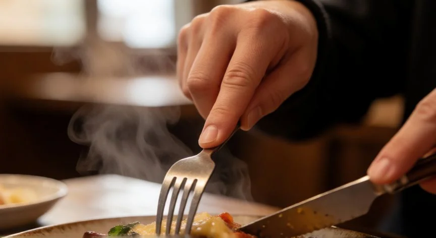 diferencia entre decorar y comer, Manos comiendo un plato caliente en un ambiente acogedor