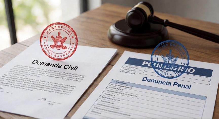 Documentos legales de demanda civil y denuncia penal sobre un escritorio