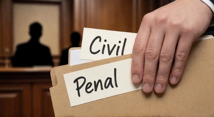 diferencia entre demanda y denuncia, Manos sosteniendo carpetas de expedientes civil y penal
