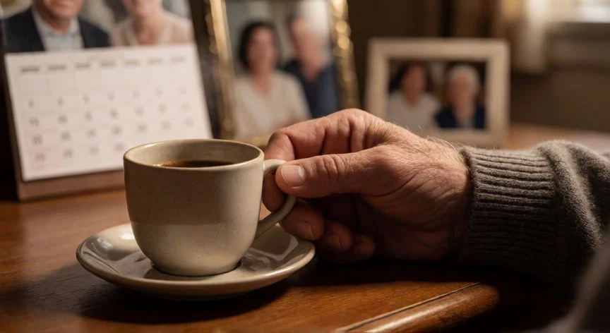 diferencia entre demencia senil y alzheimer, Manos de anciano sosteniendo taza de café en mesa con calendario desenfocado