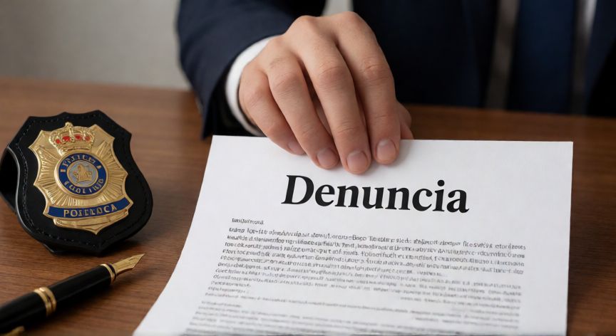 Documento de denuncia policial sobre una mesa con elementos legales