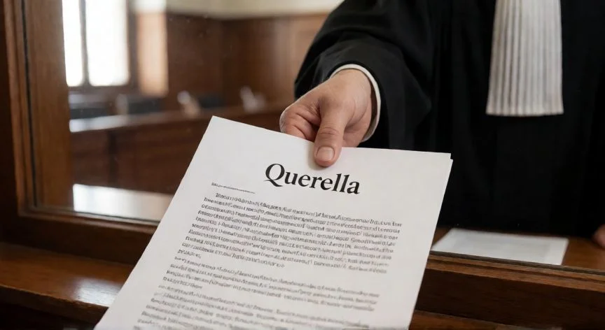 diferencia entre denuncia y querella, Escritorio de abogado con documentos penales y balanza de justicia