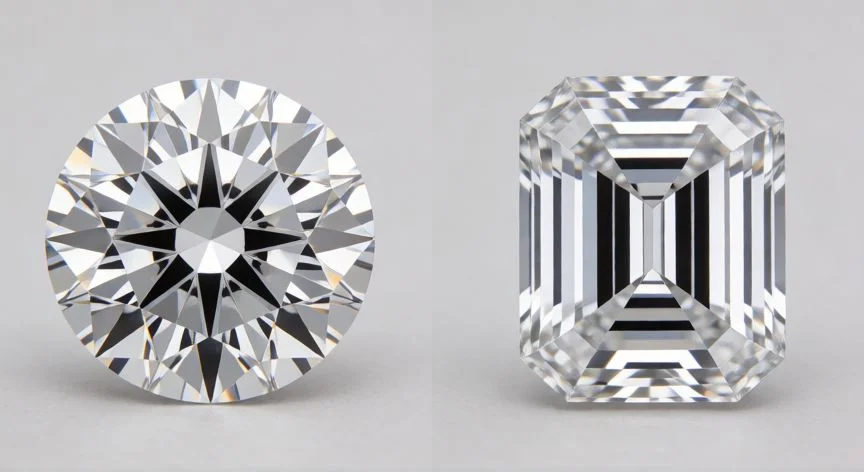 diferencia entre diamante y brillante, Comparación visual entre un corte brillante redondo y un corte esmeralda