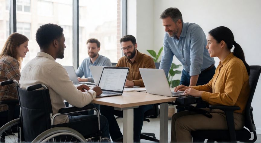 Equipo de trabajo inclusivo con personas con y sin discapacidad colaborando en oficina moderna