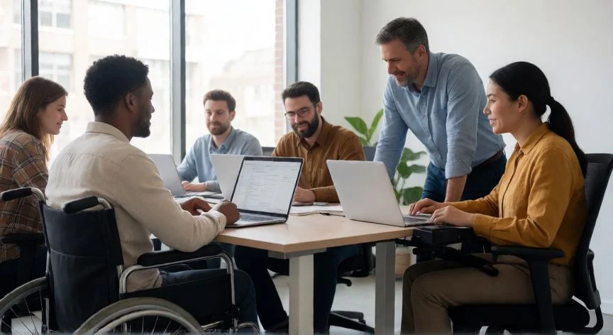 diferencia entre discapacidad e incapacidad, Equipo de trabajo inclusivo con personas con y sin discapacidad colaborando en oficina moderna