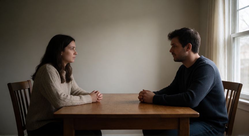 Pareja en separación legal sentada en una mesa con distancia emocional