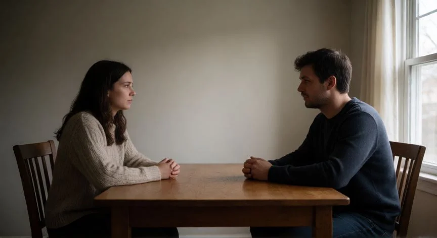diferencia entre divorcio y separación, Pareja en separación legal sentada en una mesa con distancia emocional