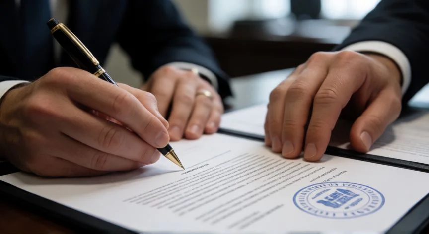 diferencia entre divorcio y separación, Firma de documentos de divorcio en una oficina legal profesional