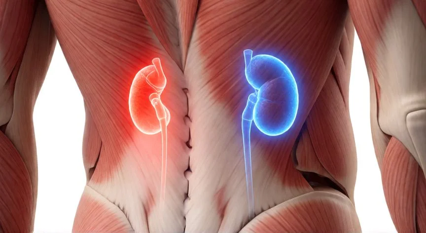 diferencia entre dolor de riñones y dolor lumbar, Diagrama anatómico comparando la ubicación del dolor lumbar muscular y el dolor renal en los flancos
