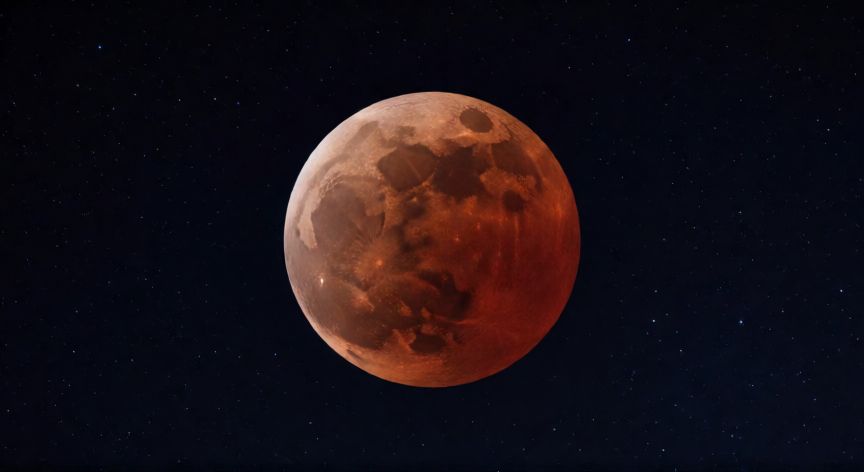 Fotografía realista de un eclipse lunar total con la Luna de color rojo sangre