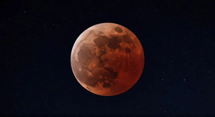 Fotografía realista de un eclipse lunar total con la Luna de color rojo sangre