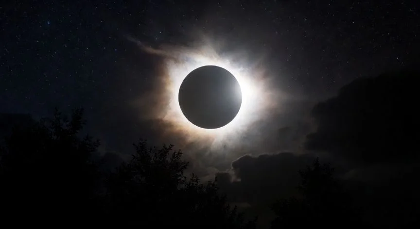 diferencia entre eclipse lunar y solar, Luna de sangre durante eclipse lunar total con cielo estrellado