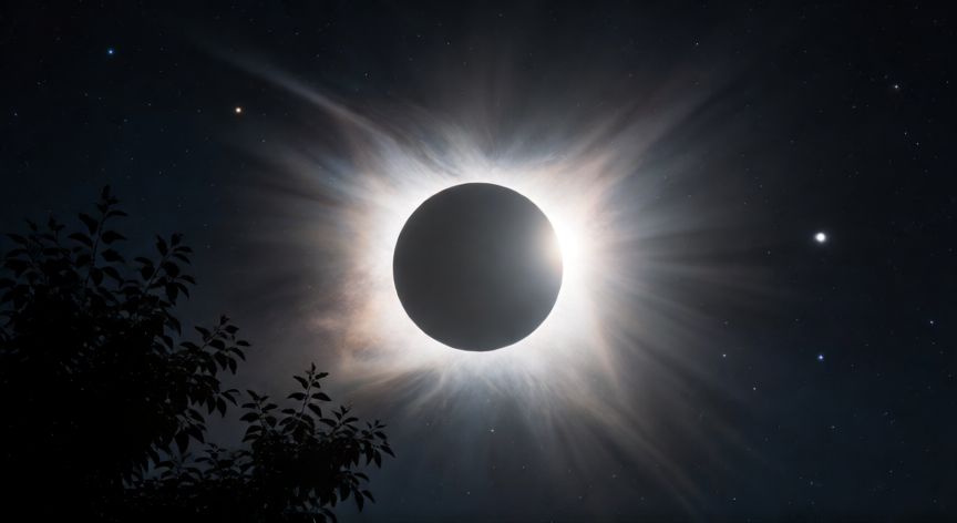 Eclipse solar total mostrando la corona solar brillante y estrellas visibles durante la oscuridad