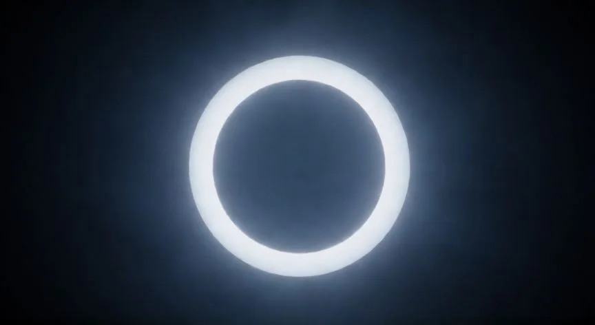 diferencia entre eclipse total y anular, Eclipse solar anular o anillo de fuego con el disco lunar cubriendo parcialmente al sol dejando un aro brillante