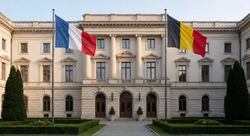diferencia entre embajada y consulado, Fachada de una embajada diplomática con banderas nacionales al viento