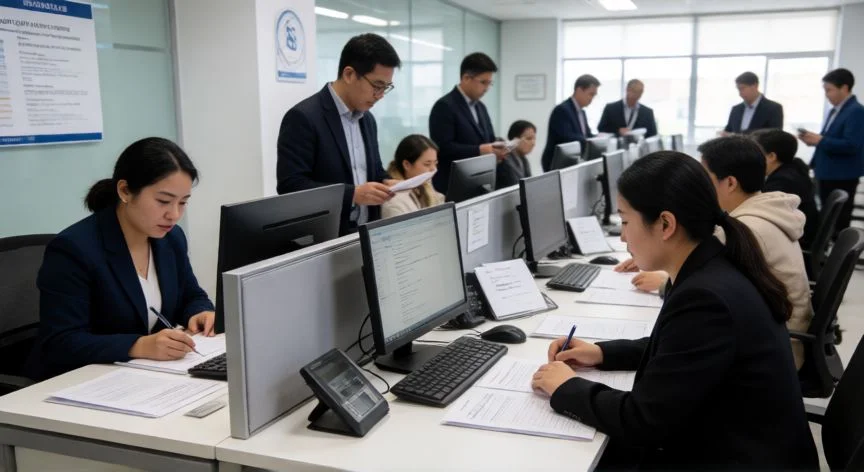 diferencia entre embajada y consulado, Interior de una oficina consular atendiendo trámites a ciudadanos