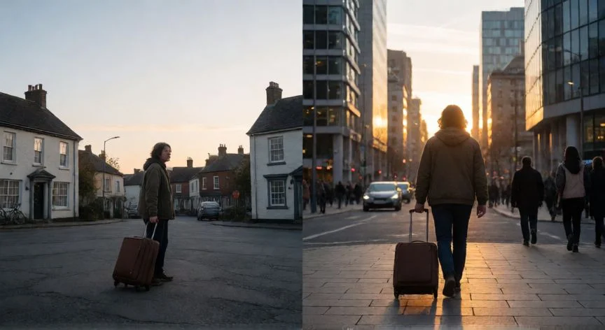 Persona emigrante dejando su hogar y persona inmigrante llegando a una nueva ciudad