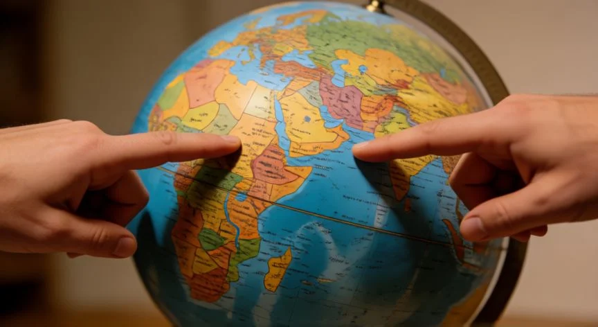 diferencia entre emigrante e inmigrante, Manos señalando origen y destino en un globo terráqueo