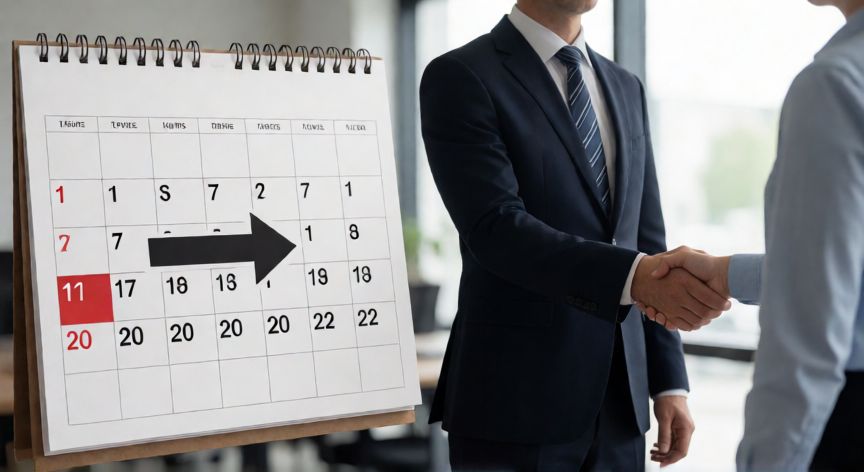 Calendario y apretón de manos representando la temporalidad del ERTE frente al ERE
