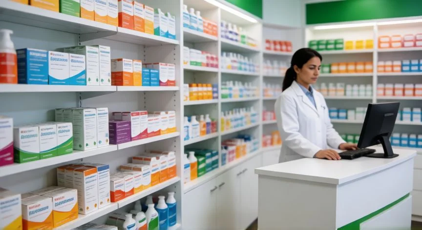 diferencia entre farmacia y parafarmacia, Interior de una farmacia moderna con estanterías de medicamentos y farmacéutico profesional