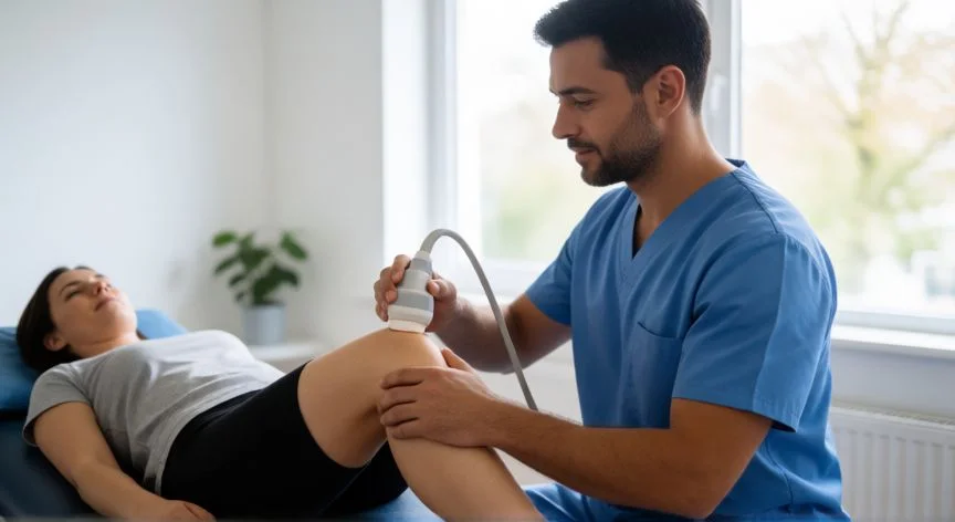 Fisioterapeuta aplicando ultrasonido en la rodilla de una paciente en clínica