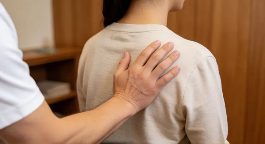 diferencia entre fisioterapeuta y osteopata, Osteópata realizando técnica manual suave en la espalda alta de un paciente