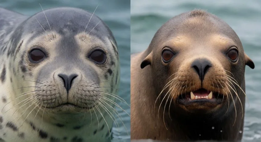 Comparación facial entre foca y león marino mostrando orejas