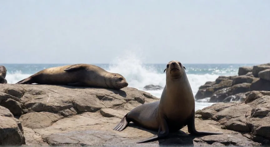diferencia entre foca y leon marino, León marino erguido y foca acostada en la costa