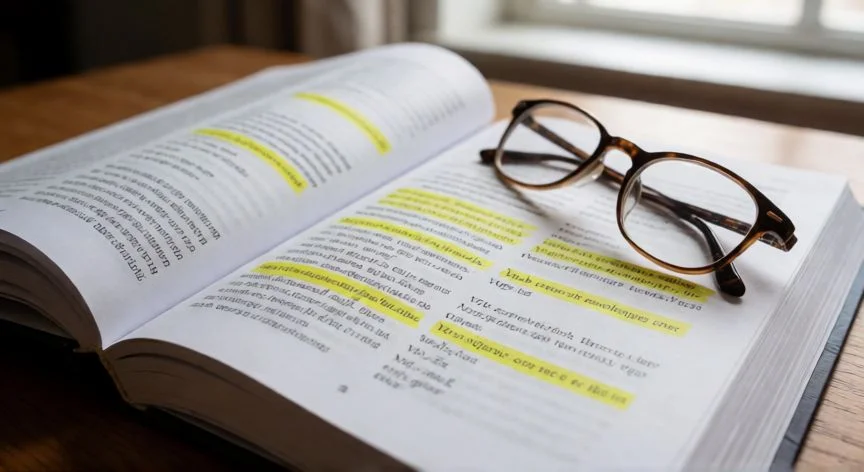Libro de gramática española abierto con notas destacadas sobre estructura verbal