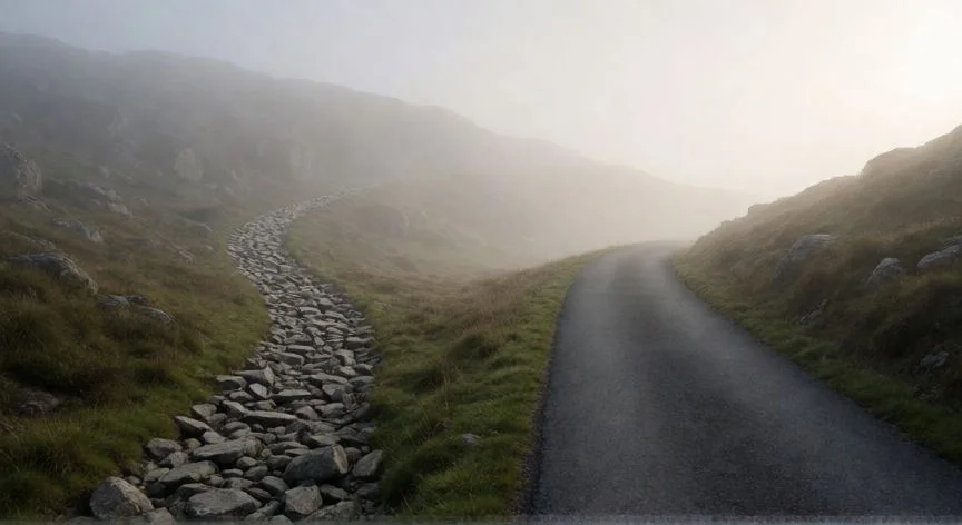 diferencia entre frase y oracion, Paisaje simbólico de dos caminos divergentes representando la diferencia gramatical