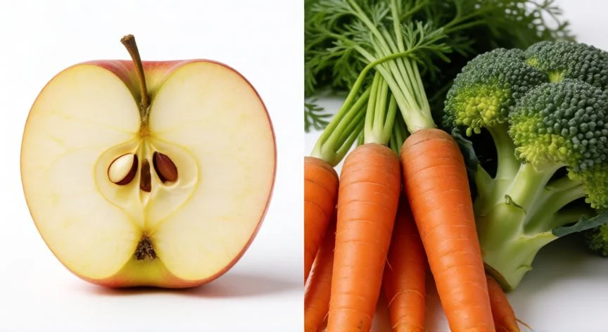 Frutas botánicas y verduras culinarias expuestas en una mesa de cocina rústica
