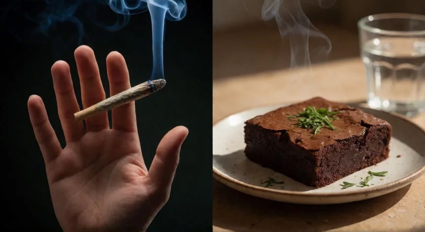diferencia entre fumar y comer weed, Comparación visual entre fumar un cigarrillo de cannabis y consumir un comestible tipo brownie