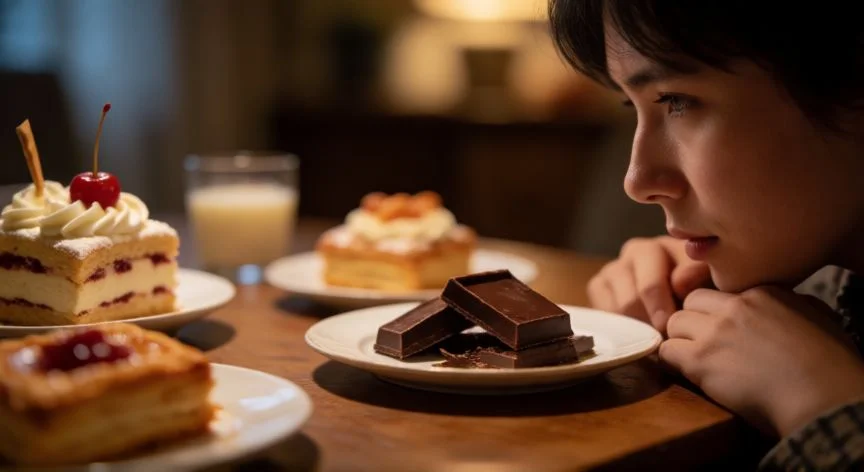 diferencia entre ganas de comer y hambre, Persona con ganas de comer alimentos dulces por estrés