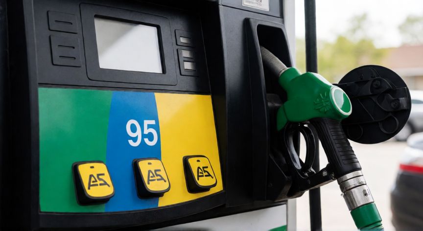 Bomba de gasolina indicando 95 octanos llenando un depósito