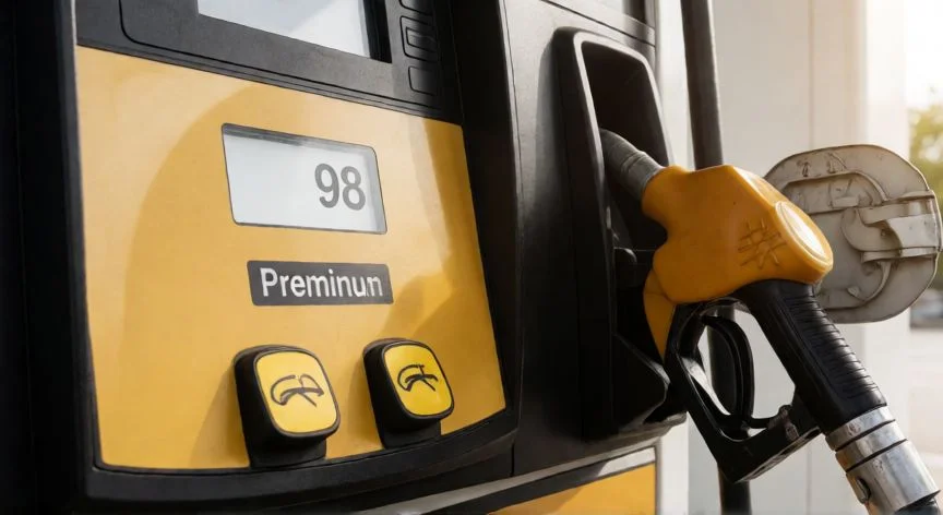 diferencia entre gasolina 95 y 98, Bomba de gasolina premium indicando 98 octanos llenando un depósito