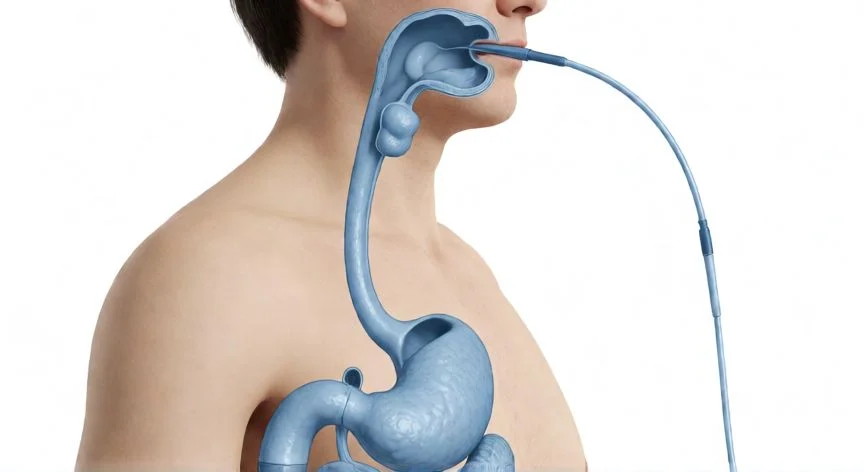 Diagrama anatómico mostrando la zona explorada por la gastroscopia: esófago, estómago y duodeno