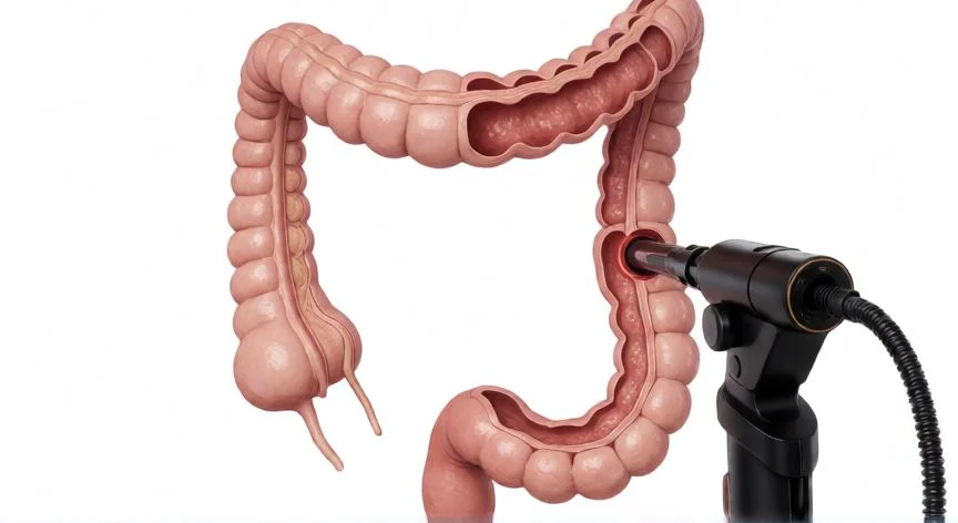 diferencia entre gastroscopia y endoscopia, Representación visual del tracto digestivo inferior explorado mediante colonoscopia