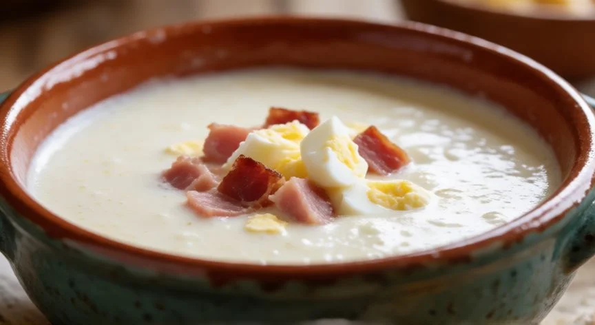 Bowl of thick traditional salmorejo topped with diced jamon ibérico and egg