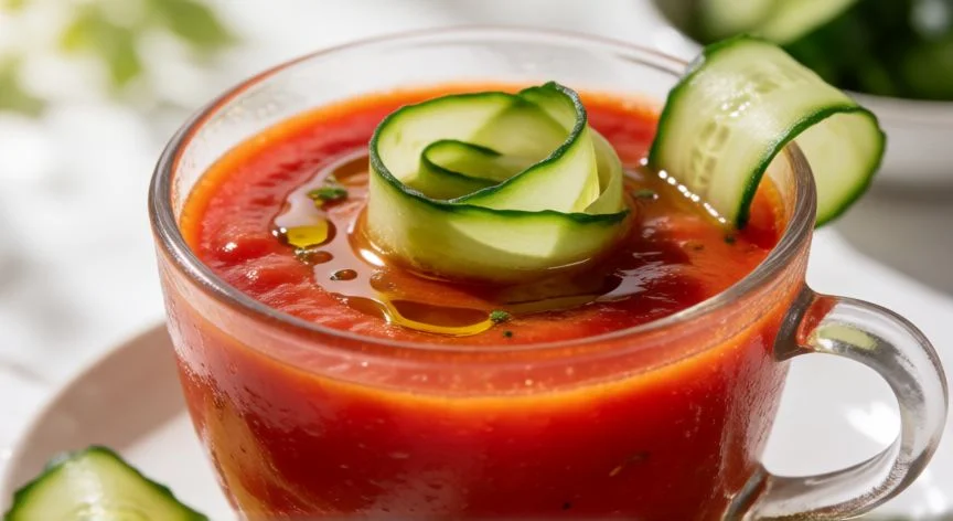 diferencia entre gazpacho y salmorejo, Refreshing glass of fluid gazpacho with vegetable garnish and olive oil