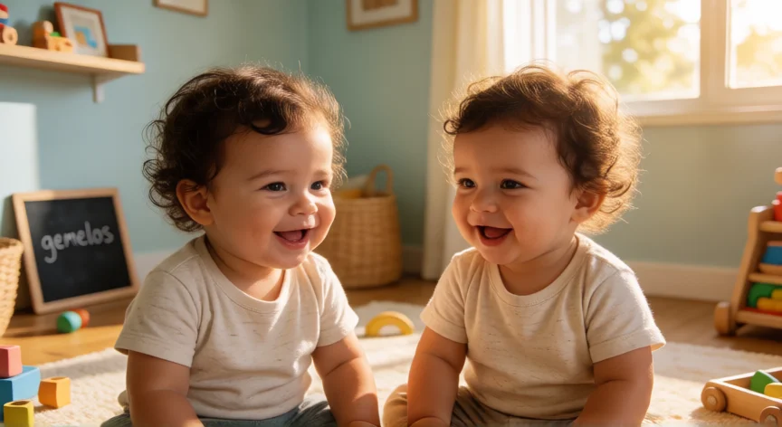 Gemelos idénticos compartiendo el 100% de su ADN en una nursery soleada