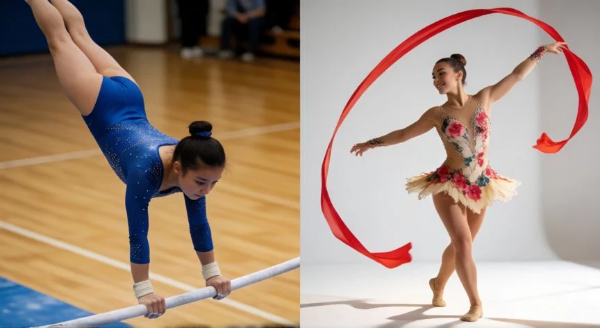 diferencia entre gimnasia rítmica y artística, Comparación visual entre una gimnasta artística en barras asimétricas y una gimnasta rítmica con cinta