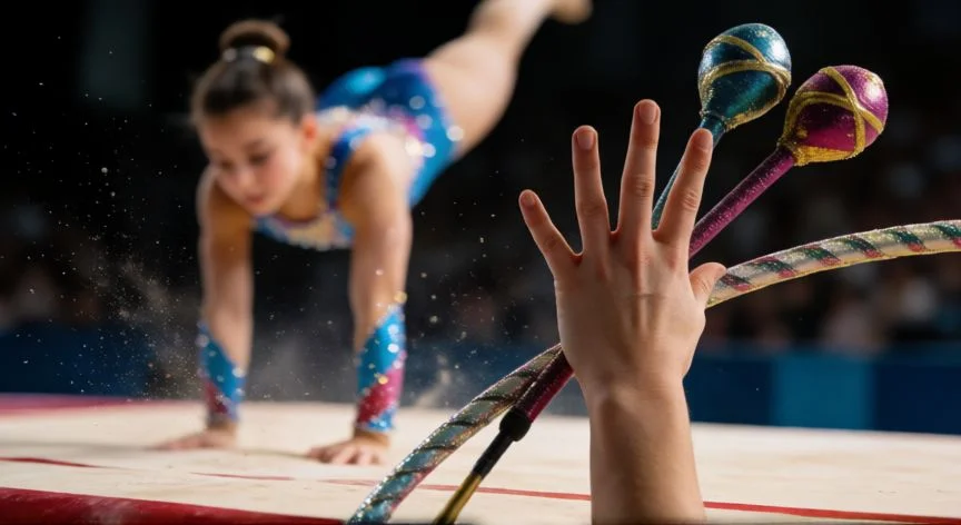 diferencia entre gimnasia rítmica y artística, Detalle de manos en gimnasia rítmica con aro y comparación difusa de aterrizaje en gimnasia artística
