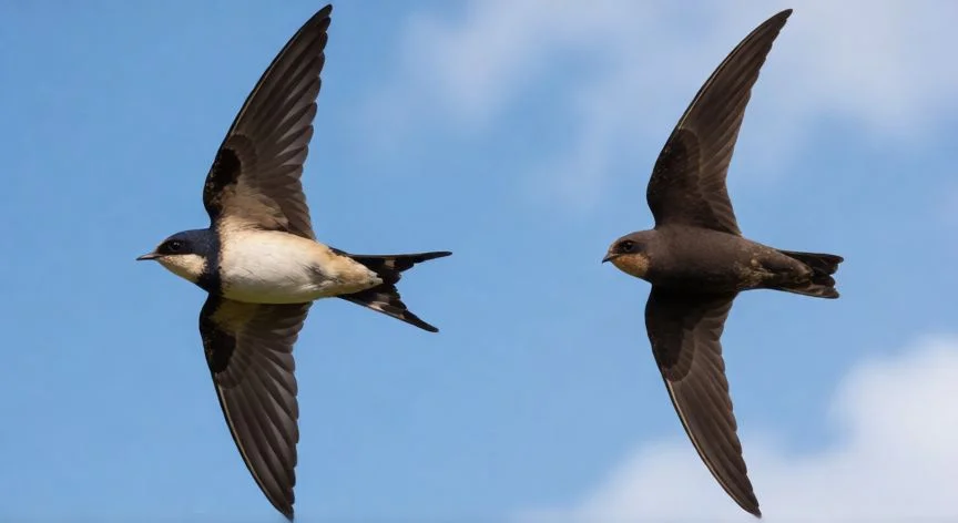 Comparación del vuelo de una golondrina y un vencejo mostrando la diferencia en las alas