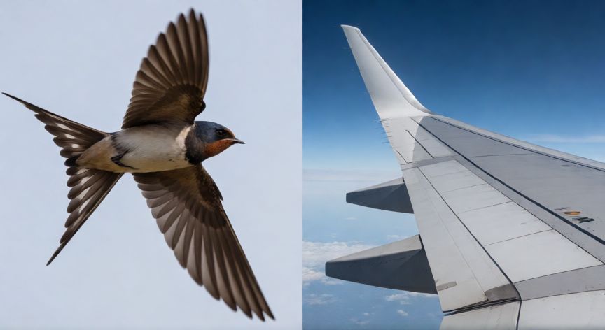 Comparación visual entre las alas flexibles de una golondrina y la ala rígida de un avión