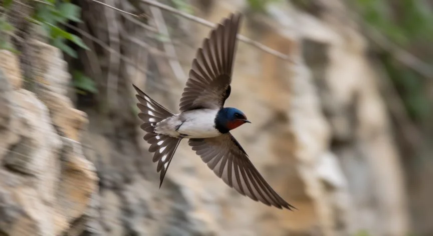 diferencia entre golondrinas y aviones, Golondrina realizando una maniobra aérea ágil y rápida cerca de un acantilado