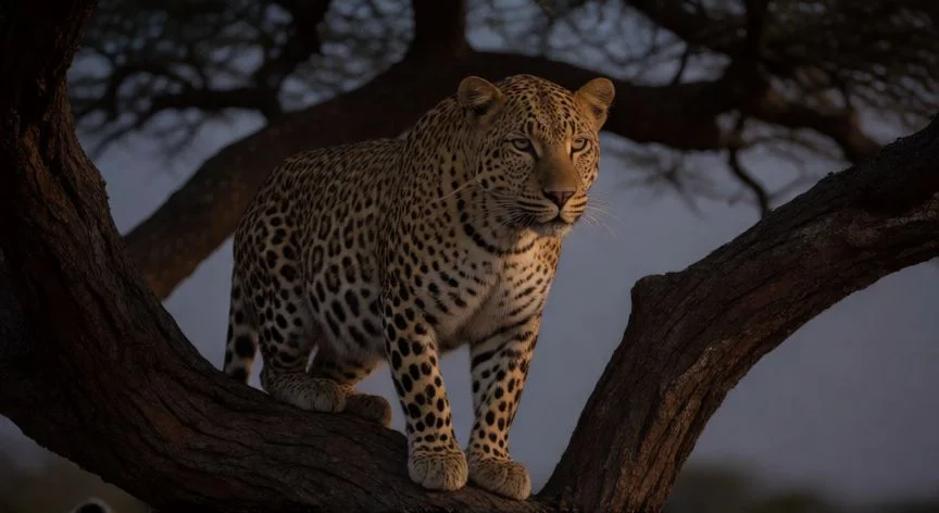 diferencia entre guepardo y leopardo, Leopardo reposando en una rama de árbol mostrando su musculatura y manchas