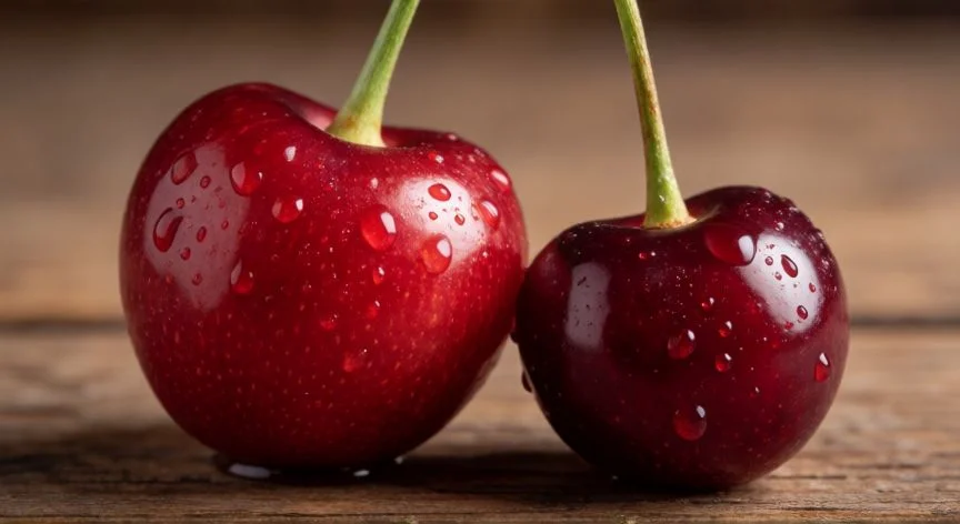 Comparación visual entre una cereza dulce y una guinda ácida sobre mesa de madera